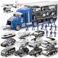 JOYIN 25 in 1 Die-cast Police Rescue Truck Car Toy Set with Sounds and Lights, Mini Police Vehicles in Carrier Truck, Play Police Patrol, Birthday Gifts for Over 3 Years Old Boys