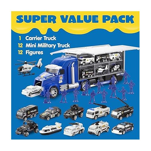  JOYIN 25 in 1 Die-cast Police Rescue Truck Car Toy Set with Sounds and Lights, Mini Police Vehicles in Carrier Truck, Play Police Patrol, Birthday Gifts for Over 3 Years Old Boys