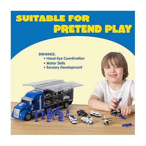  JOYIN 25 in 1 Die-cast Police Rescue Truck Car Toy Set with Sounds and Lights, Mini Police Vehicles in Carrier Truck, Play Police Patrol, Birthday Gifts for Over 3 Years Old Boys