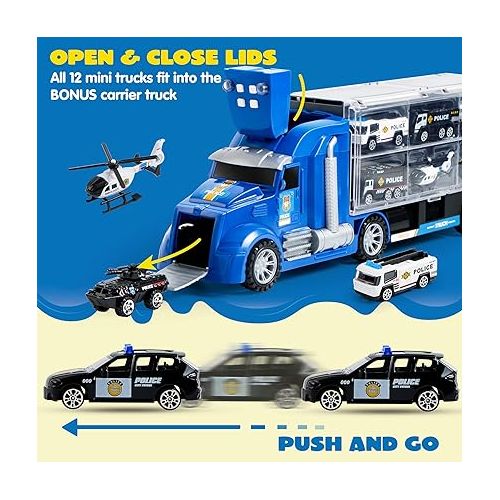  JOYIN 25 in 1 Die-cast Police Rescue Truck Car Toy Set with Sounds and Lights, Mini Police Vehicles in Carrier Truck, Play Police Patrol, Birthday Gifts for Over 3 Years Old Boys