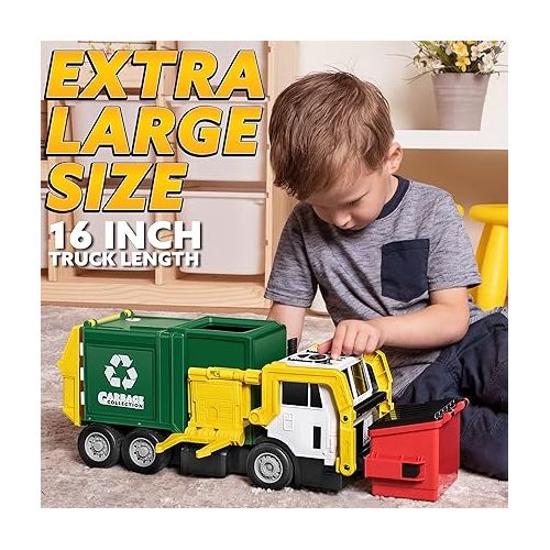  JOYIN Large Friction Powered Garbage Truck Toy Set, Includes Dumpster, Trash Bins, and Learning Cards for Kids