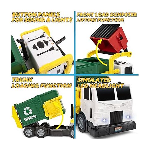  JOYIN Large Friction Powered Garbage Truck Toy Set, Includes Dumpster, Trash Bins, and Learning Cards for Kids