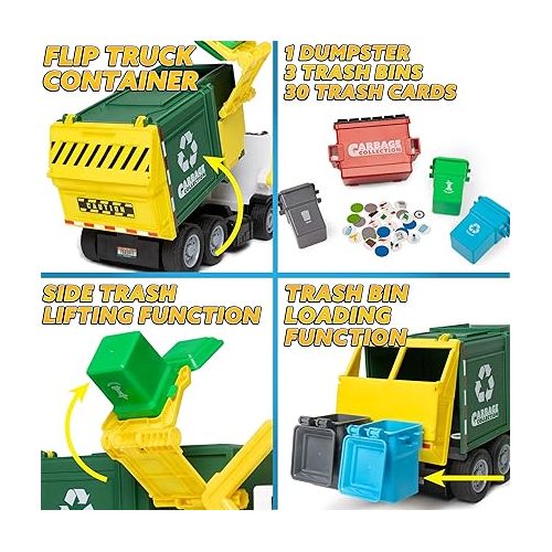  JOYIN Large Friction Powered Garbage Truck Toy Set, Includes Dumpster, Trash Bins, and Learning Cards for Kids
