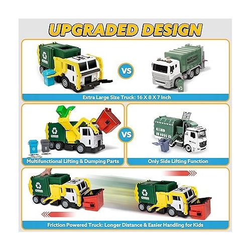  JOYIN Large Friction Powered Garbage Truck Toy Set, Includes Dumpster, Trash Bins, and Learning Cards for Kids