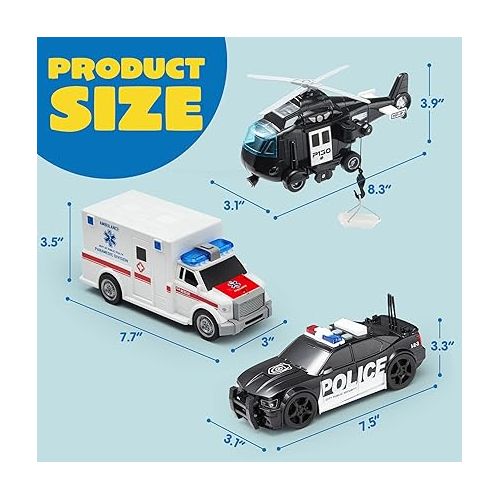  JOYIN Toddler Truck Toys for 3 4 5 6 7 Year Old Boys - Police Car Toy Set, Emergency Vehicle Playset, Kids Toys Cars, Friction Powered Car with Lights and Sounds, Birthday Gifts for Boys Girls Age 3-9