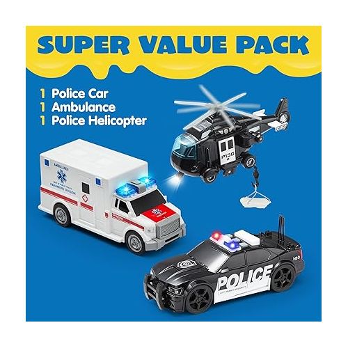  JOYIN Toddler Truck Toys for 3 4 5 6 7 Year Old Boys - Police Car Toy Set, Emergency Vehicle Playset, Kids Toys Cars, Friction Powered Car with Lights and Sounds, Birthday Gifts for Boys Girls Age 3-9