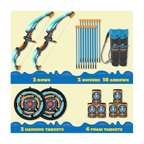  JOYIN 2 Pack Bow and Arrow Archery Toy Set for Kids, Light Up Archery Play Set with 2 Luminous Bows, 18 Suction Cups Arrows, 6 Targets, and 2 Quivers