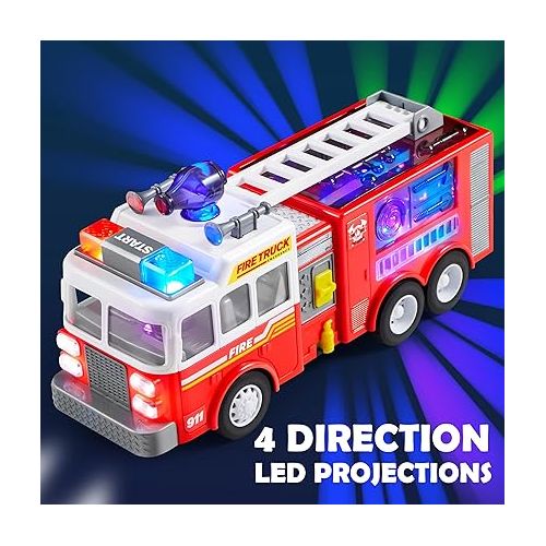  JOYIN Toddler Fire Truck Toy - LED Projections & Sirens, Realistic Buttons with Mode Switch & Volume Control, Bump and Go Fire Engine Trucks, Boys&Girls Firetruck, Kids Birthday