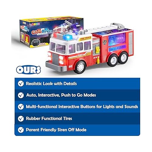  JOYIN Toddler Fire Truck Toy - LED Projections & Sirens, Realistic Buttons with Mode Switch & Volume Control, Bump and Go Fire Engine Trucks, Boys&Girls Firetruck, Kids Birthday