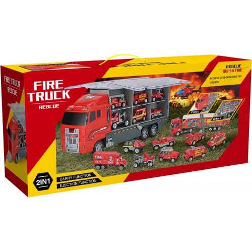  [아마존 핫딜] [아마존핫딜]JOYIN 10 in 1 Die-cast Fire Engine Vehicle Mini Rescue Emergency Fire Truck Toy Set in Carrier Truck