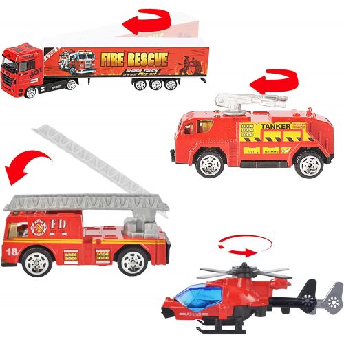  [아마존 핫딜] [아마존핫딜]JOYIN 10 in 1 Die-cast Fire Engine Vehicle Mini Rescue Emergency Fire Truck Toy Set in Carrier Truck