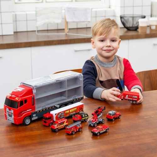  [아마존 핫딜] [아마존핫딜]JOYIN 10 in 1 Die-cast Fire Engine Vehicle Mini Rescue Emergency Fire Truck Toy Set in Carrier Truck