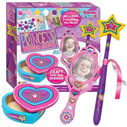  [아마존베스트]JOYIN Klever Kits Kids Craft Kit Decorate & Paint Your Own Wooden Princess Accessories Art & Craft Kit DIY Toy Paint and Decorate Your Own Wooden Princess Wand, Mirror and Jewelry