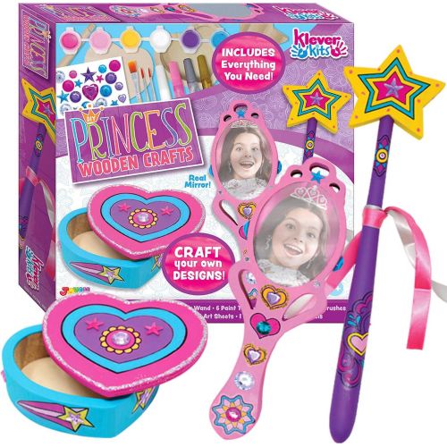  [아마존베스트]JOYIN Klever Kits Kids Craft Kit Decorate & Paint Your Own Wooden Princess Accessories Art & Craft Kit DIY Toy Paint and Decorate Your Own Wooden Princess Wand, Mirror and Jewelry