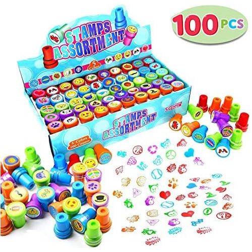  [아마존베스트]100 Pieces Assorted Stamps for Kids Self-ink Stamps (50 DIFFERENT Designs, Plastic Stamps, Emoji Stampers, Dinosaur Stampers, Zoo Safari Stampers) for Easter Egg Stuffers, Party Fa