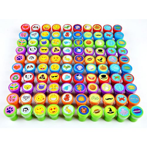  [아마존베스트]100 Pieces Assorted Stamps for Kids Self-ink Stamps (50 DIFFERENT Designs, Plastic Stamps, Emoji Stampers, Dinosaur Stampers, Zoo Safari Stampers) for Easter Egg Stuffers, Party Fa