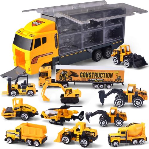  [아마존베스트]JOYIN 11 in 1 Die-cast Construction Truck Vehicle Car Toy Set Play Vehicles in Carrier Truck