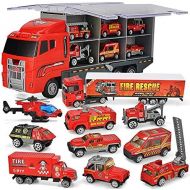 [아마존베스트]JOYIN 10 in 1 Die-cast Fire Engine Vehicle Mini Rescue Emergency Fire Truck Toy Set in Carrier Truck
