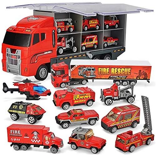  [아마존베스트]JOYIN 10 in 1 Die-cast Fire Engine Vehicle Mini Rescue Emergency Fire Truck Toy Set in Carrier Truck