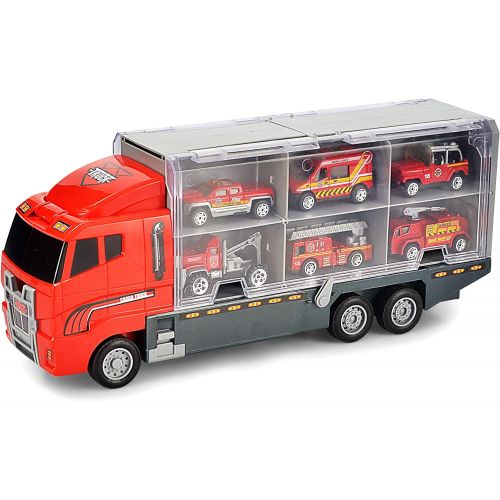  [아마존베스트]JOYIN 10 in 1 Die-cast Fire Engine Vehicle Mini Rescue Emergency Fire Truck Toy Set in Carrier Truck