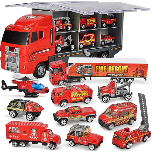  [아마존베스트]JOYIN 10 in 1 Die-cast Fire Engine Vehicle Mini Rescue Emergency Fire Truck Toy Set in Carrier Truck