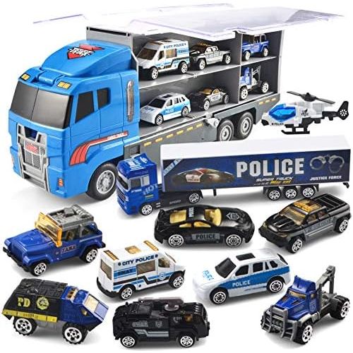  [아마존베스트]JOYIN 10 in 1 Die-cast Police Patrol Rescue Truck Mini Police Vehicles Truck Toy Set in Carrier Truck