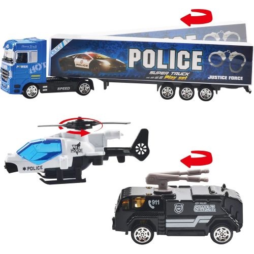 [아마존베스트]JOYIN 10 in 1 Die-cast Police Patrol Rescue Truck Mini Police Vehicles Truck Toy Set in Carrier Truck