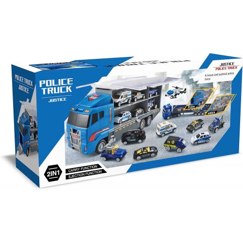  [아마존베스트]JOYIN 10 in 1 Die-cast Police Patrol Rescue Truck Mini Police Vehicles Truck Toy Set in Carrier Truck