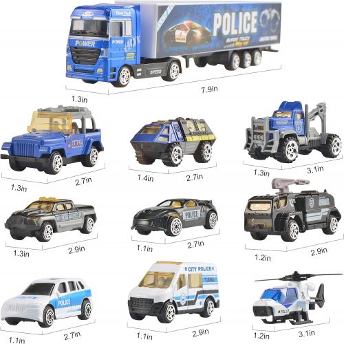  [아마존베스트]JOYIN 10 in 1 Die-cast Police Patrol Rescue Truck Mini Police Vehicles Truck Toy Set in Carrier Truck