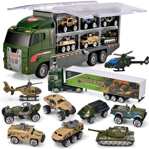  [아마존베스트]JOYIN 10 in 1 Die-cast Military Truck Army Vehicle Mini Battle Car Toy Set in Carrier Truck