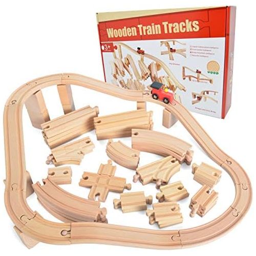  [아마존베스트]62 Pieces Wooden Train Track Expansion Set + 1 Bonus Toy Train -- NEW Version Compatible with All Major Brands Including Thomas Battery Operated Motorized Ones by Joyin Toy