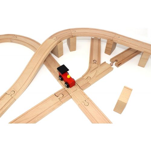  [아마존베스트]62 Pieces Wooden Train Track Expansion Set + 1 Bonus Toy Train -- NEW Version Compatible with All Major Brands Including Thomas Battery Operated Motorized Ones by Joyin Toy