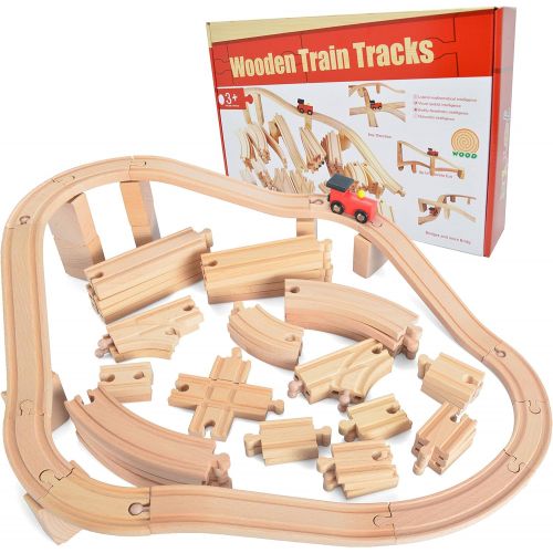  [아마존베스트]62 Pieces Wooden Train Track Expansion Set + 1 Bonus Toy Train -- NEW Version Compatible with All Major Brands Including Thomas Battery Operated Motorized Ones by Joyin Toy