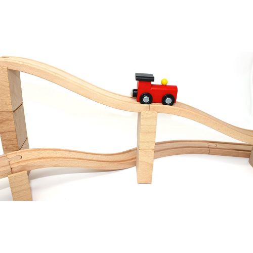  [아마존베스트]62 Pieces Wooden Train Track Expansion Set + 1 Bonus Toy Train -- NEW Version Compatible with All Major Brands Including Thomas Battery Operated Motorized Ones by Joyin Toy