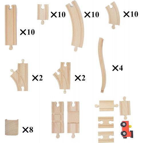  [아마존베스트]62 Pieces Wooden Train Track Expansion Set + 1 Bonus Toy Train -- NEW Version Compatible with All Major Brands Including Thomas Battery Operated Motorized Ones by Joyin Toy