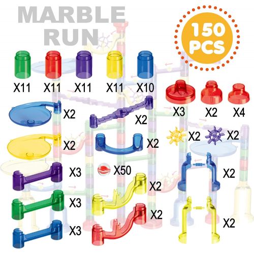  [아마존베스트]JOYIN 150 Pcs Marble Run Premium Set, Construction Building Blocks Toys, STEM Learning Toy, Educational Building Block Toy(100 Translucent Plastic Pieces + 50 Glass Marbles)