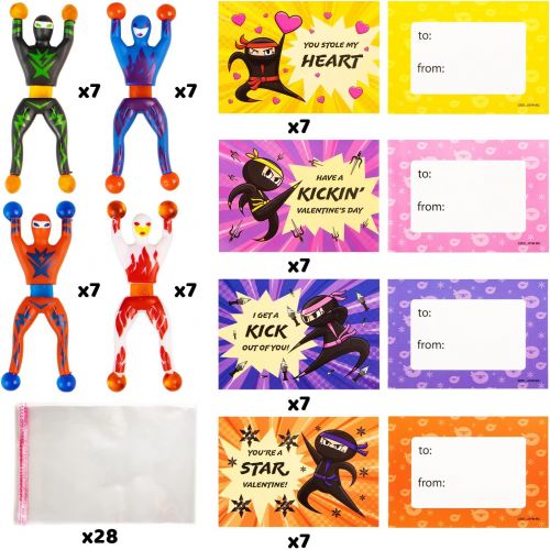  JOYIN 28 Packs Valentines Day Gifts Cards with Sticky Wall Climbing Men Ninja Set, Wall Climbers Stress Relief Tricky Toys for Kids Party Favor, Classroom Exchange Prizes, Valentine Gree