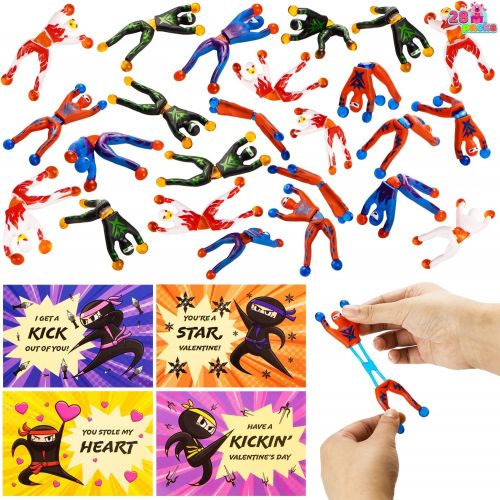  JOYIN 28 Packs Valentines Day Gifts Cards with Sticky Wall Climbing Men Ninja Set, Wall Climbers Stress Relief Tricky Toys for Kids Party Favor, Classroom Exchange Prizes, Valentine Gree