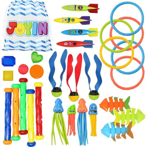  JOYIN 30 Pcs Diving Pool Toys Jumbo Set with Storage Bag Includes (5) Diving Sticks, (6) Diving Rings, (5) Pirate Treasures, (4) Toypedo Bandits, (3) Diving Toy Balls, (3) Fish Toys, (4)