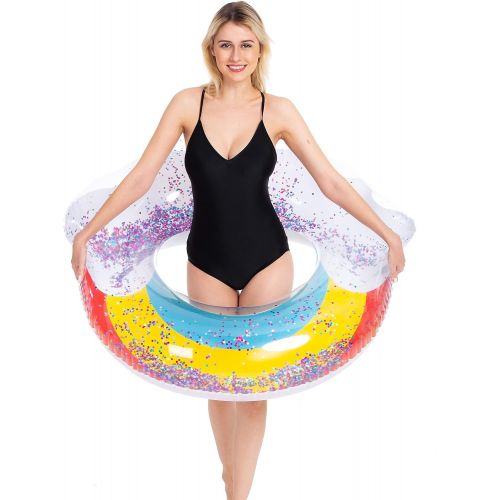 JOYIN Giant Inflatable Rainbow Pool Float with Glitter Inside, Fun Beach Floaties, Swim Party Toys, Summer Pool Raft Lounger for Adults & Kids (46” x 44” x 13.75”)