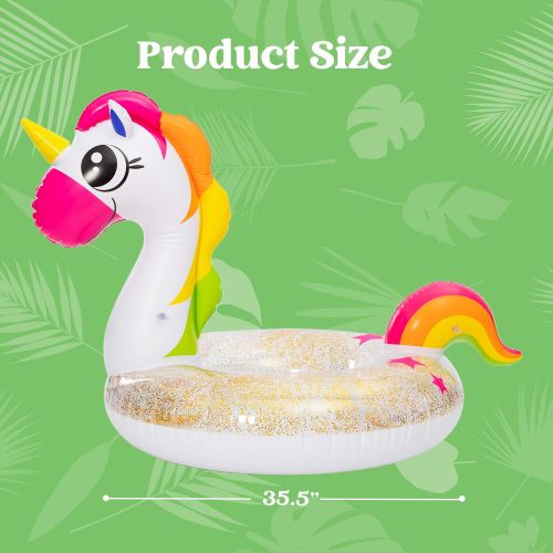  JOYIN Inflatable Unicorn & Flamingo Pool Float with Glitters 35.5” (2 Sets), Pool Tubes for Floating, Fun Beach Floaties, Pool Toys, Summer Pool Party Decorations for Kids