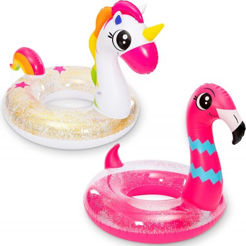  JOYIN Inflatable Unicorn & Flamingo Pool Float with Glitters 35.5” (2 Sets), Pool Tubes for Floating, Fun Beach Floaties, Pool Toys, Summer Pool Party Decorations for Kids