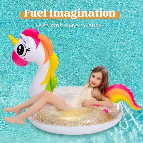  JOYIN Inflatable Unicorn & Flamingo Pool Float with Glitters 35.5” (2 Sets), Pool Tubes for Floating, Fun Beach Floaties, Pool Toys, Summer Pool Party Decorations for Kids