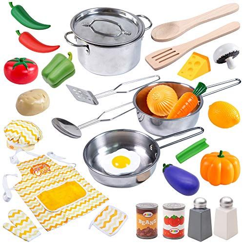  JOYIN 29 Pcs Play Kitchen Accessories Kids Pots and Pans Playset, Toy Kitchen Sets with Stainless Steel Cookware Set, Cooking Utensils, Apron&Chef Hat and Grocery Play Food Sets, G