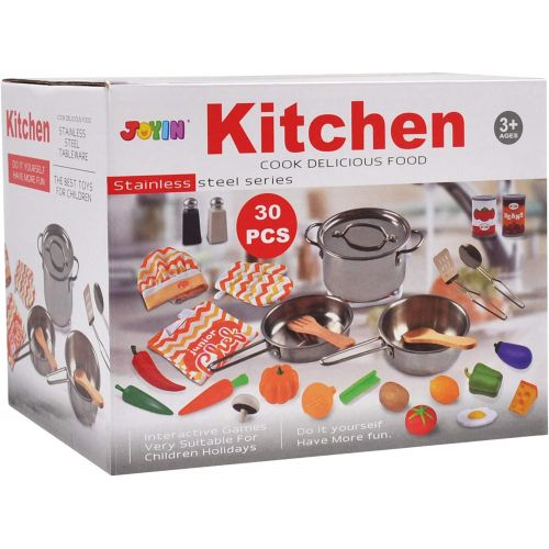  JOYIN 29 Pcs Play Kitchen Accessories Kids Pots and Pans Playset, Toy Kitchen Sets with Stainless Steel Cookware Set, Cooking Utensils, Apron&Chef Hat and Grocery Play Food Sets, G