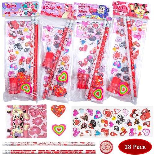  JOYIN 28 Pack Assorted Valentines Day Stationery Kids Gift Set Valentine Classroom Exchange Party Favor Toy