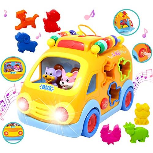  JOYIN Shapes and Sounds Musical School Bus Baby Toy with 3D Animals, LED Light Up for Boys and Girls, Infant, Toddler Interactive Learning, Educational Gift, Christmas Stocking Stuffers