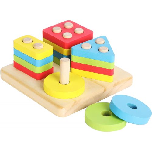  JOYIN Toy 4 in 1 Wooden Educational Shape Color Sorting Puzzles Preschool Stacking Block Toddler Toys