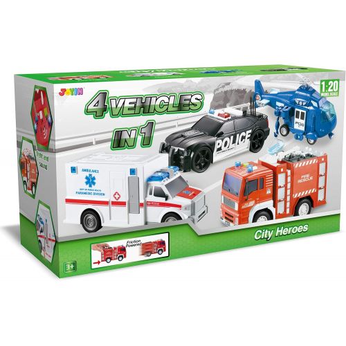  JOYIN 4 Pack Friction Powered City Hero Play Set Including Fire Engine Truck, Ambulance, Police Car and Helicopter Emergency Vehicles with Light and Sound