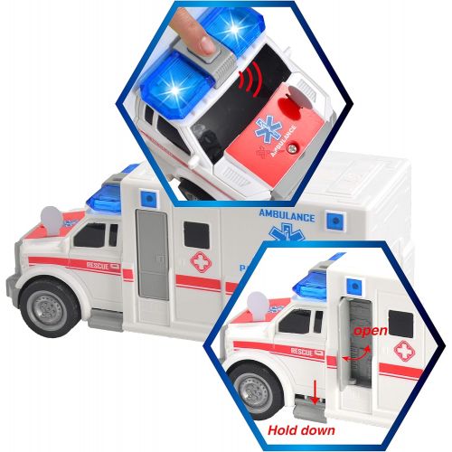  JOYIN 4 Pack Friction Powered City Hero Play Set Including Fire Engine Truck, Ambulance, Police Car and Helicopter Emergency Vehicles with Light and Sound